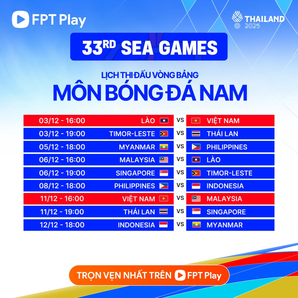 Lịch thi đấu và trực tiếp bóng đá nam SEA Games 33