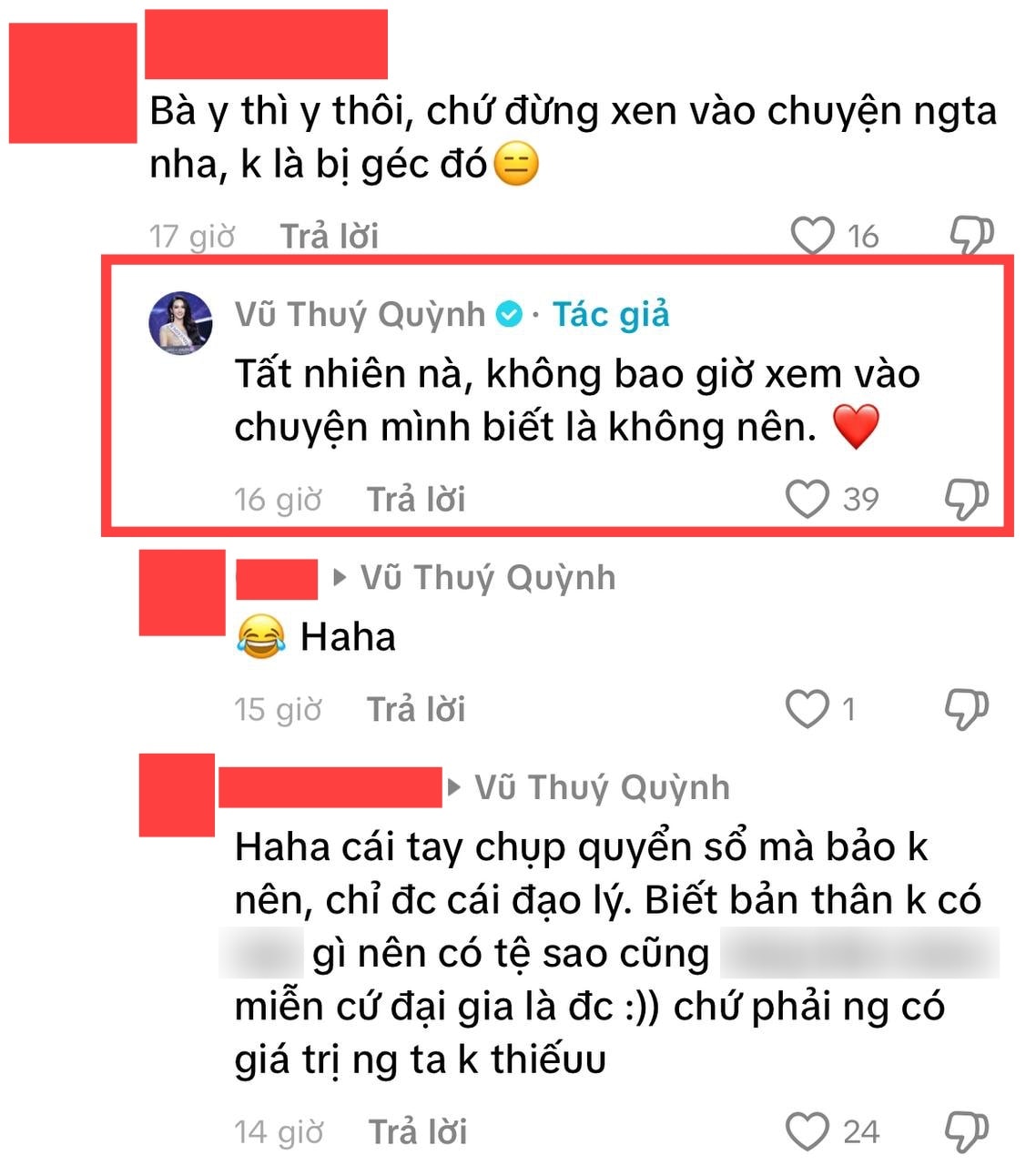 Vũ Thuý Quỳnh lên tiếng khi bị nhắc nhở xen vào chuyện của người khác