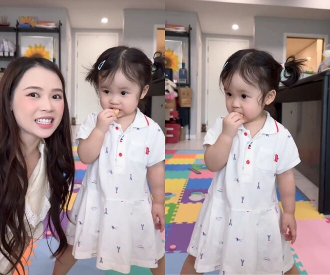 Sam thích thú sự lém lỉnh của con gái lai Hàn.