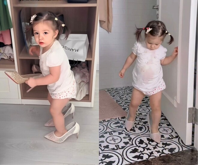 Khoảnh khắc bé Mia mang giày cao gót của mẹ.