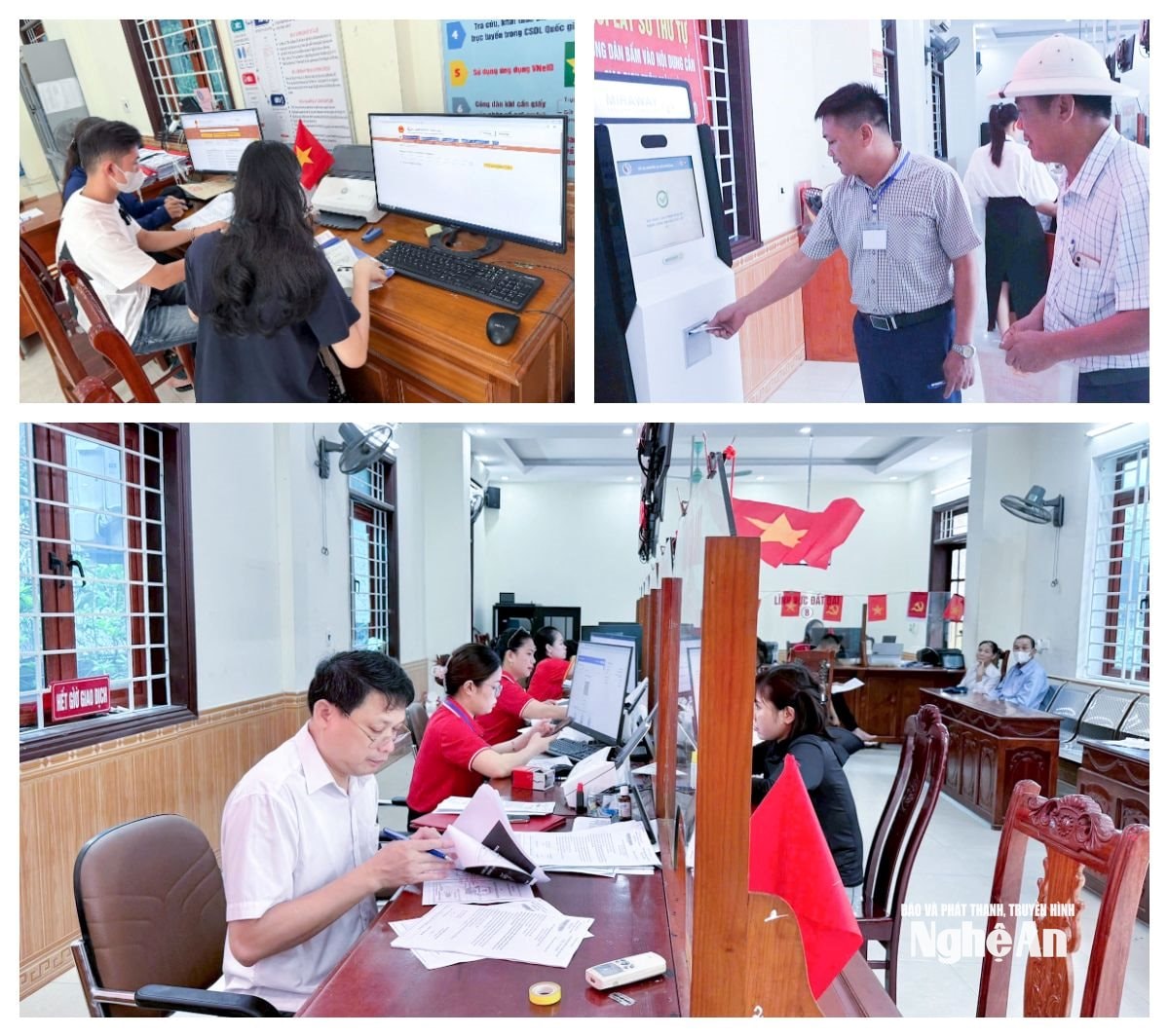 Hệ thống lấy số tự động, 2 bộ máy tính phục vụ người dân và cán bộ, công chức xã Nghi Lộc giải quyết thủ tục hành chính cho người dân tại Trung tâm Phục vụ hành chính công. Ảnh: Mai Hoa