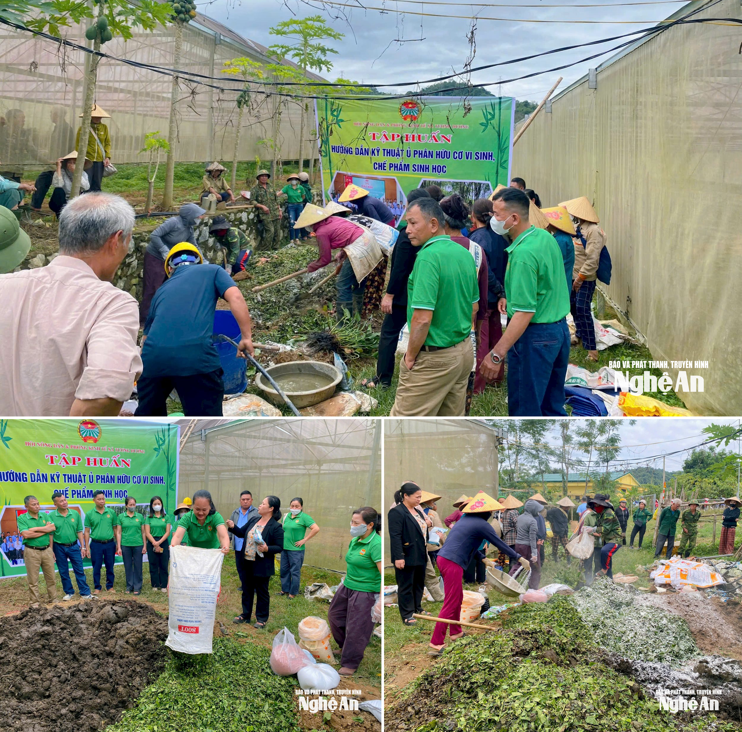 Cán bộ Hội Nông dân xã Tương Dương hướng dẫn bà con ủ phân hữu cơ vi sinh. Ảnh: T.P