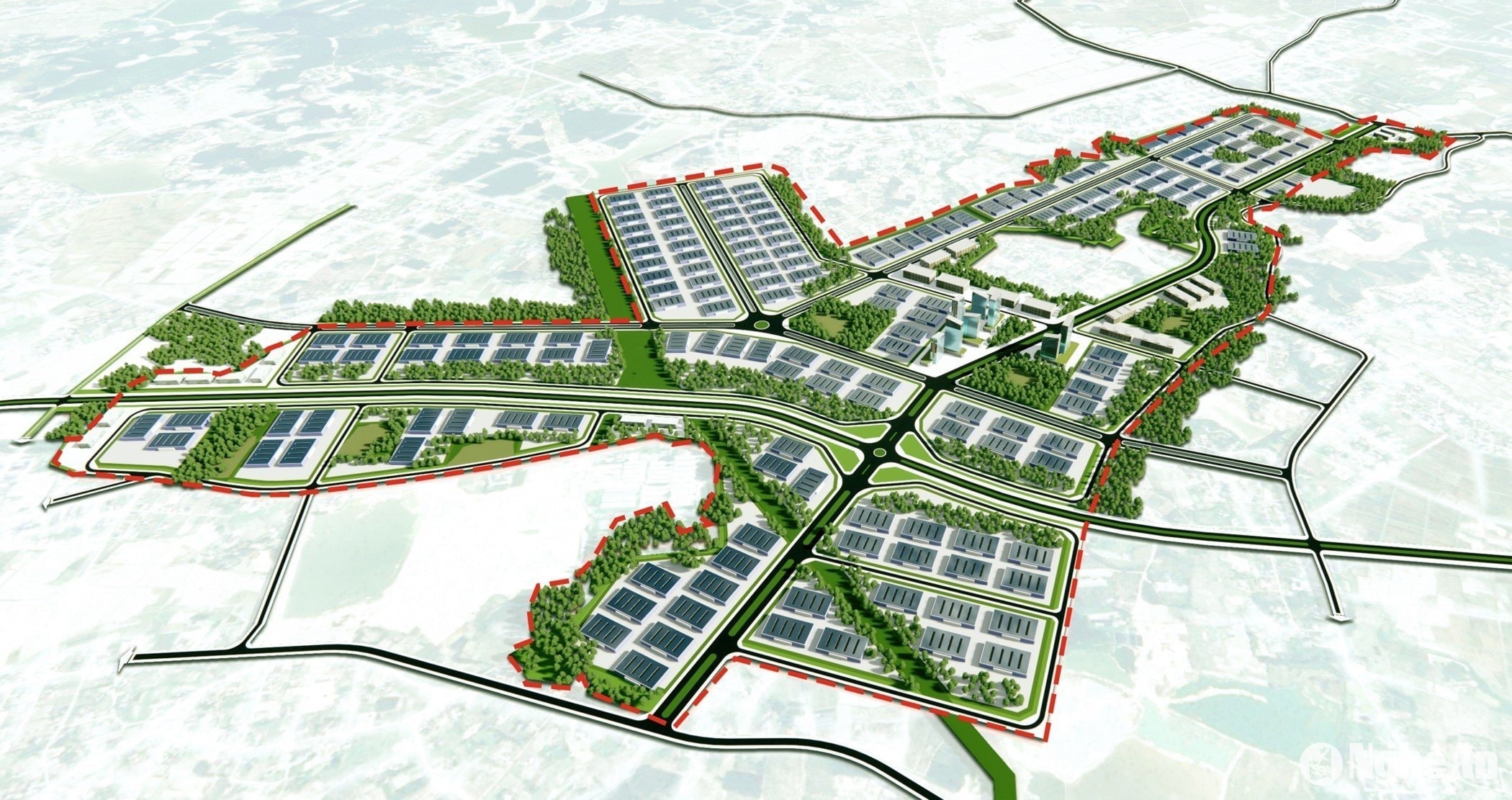 Phối cảnh không gian phân khu sản xuất chế biến gỗ và lâm sản ngoài gỗ ứng dụng công nghệ cao với diện tích 530 ha, tại 2 xã Văn Kiều và Bạch Hà.