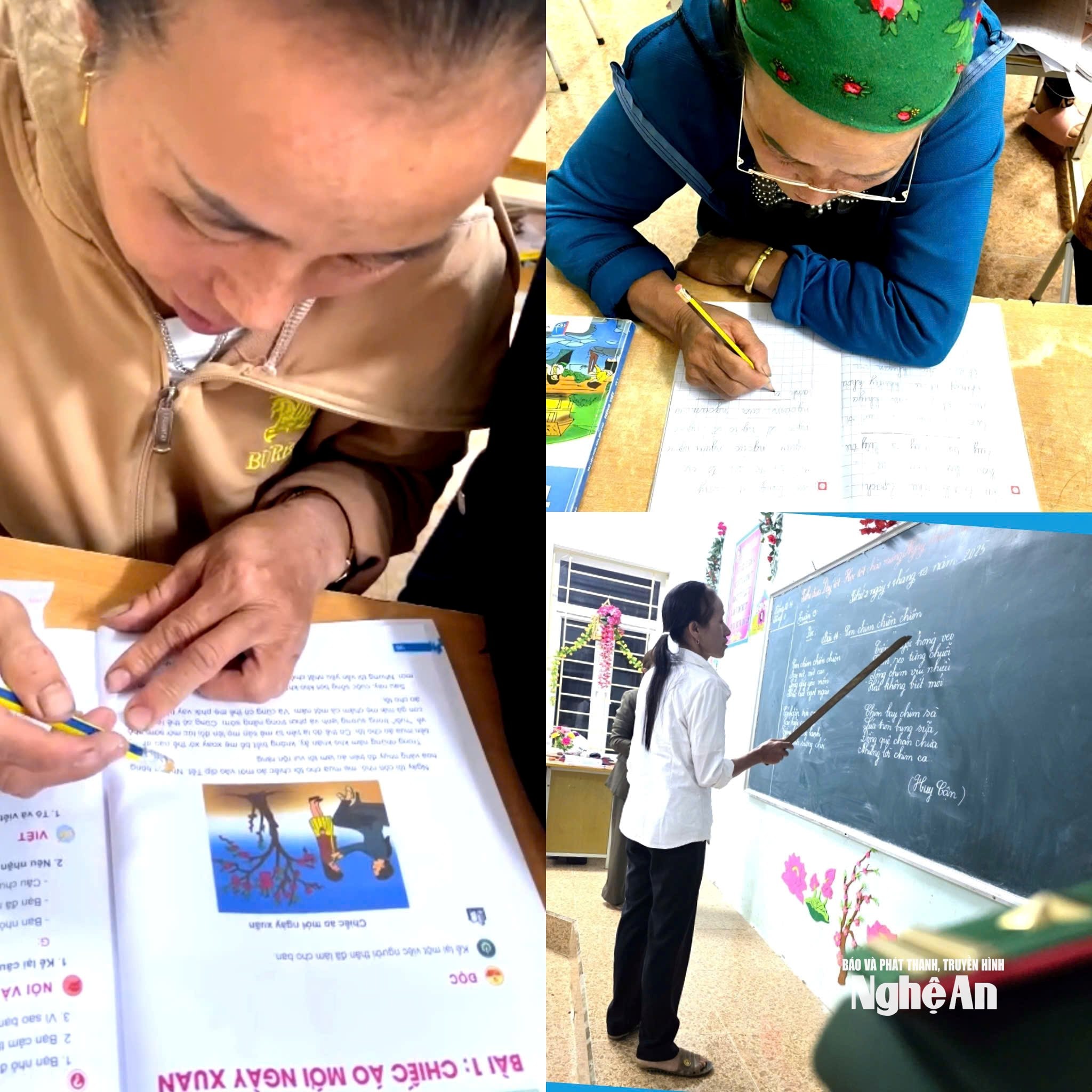 Các bà, các mẹ tập đánh vần những bài học đầu tiên của cuộc đời. Ảnh: Hoài Thu