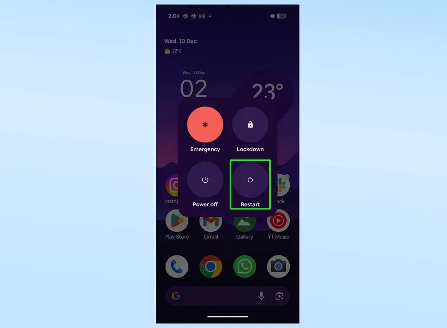Menu tùy chọn khởi động lại trên điện thoại Google Pixel 10.