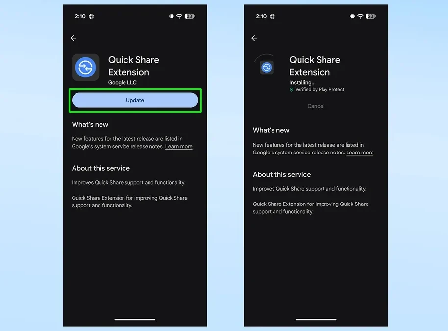 Giao diện cập nhật Tiện ích mở rộng Quick Share trên Google Play Store.