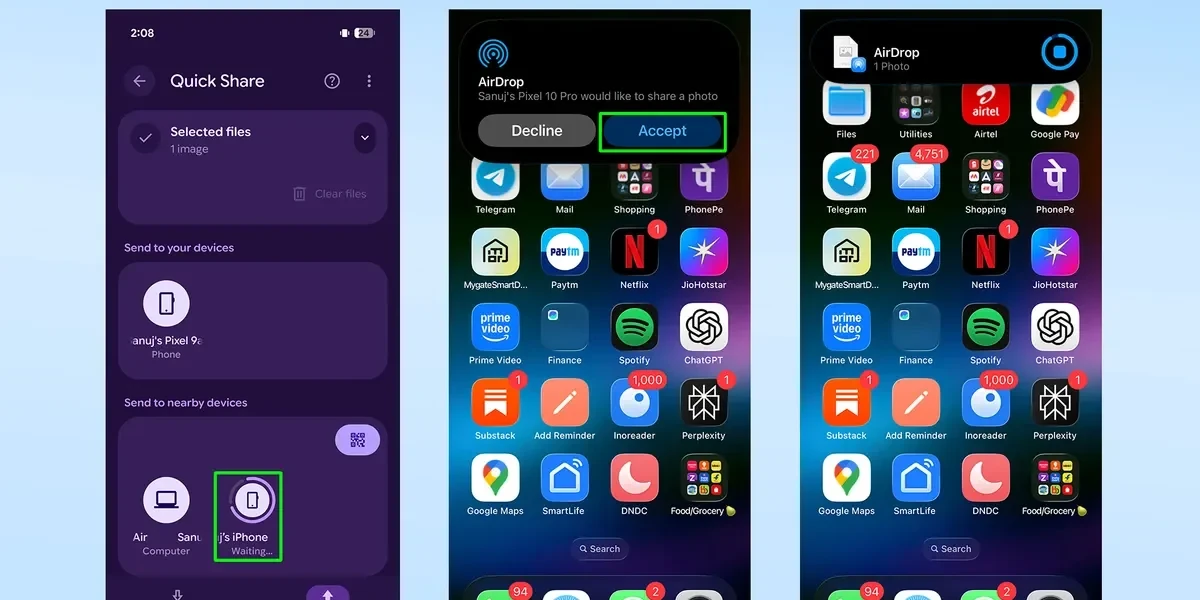 iPhone hiển thị trong danh sách thiết bị lân cận trên giao diện Quick Share của Pixel 10.