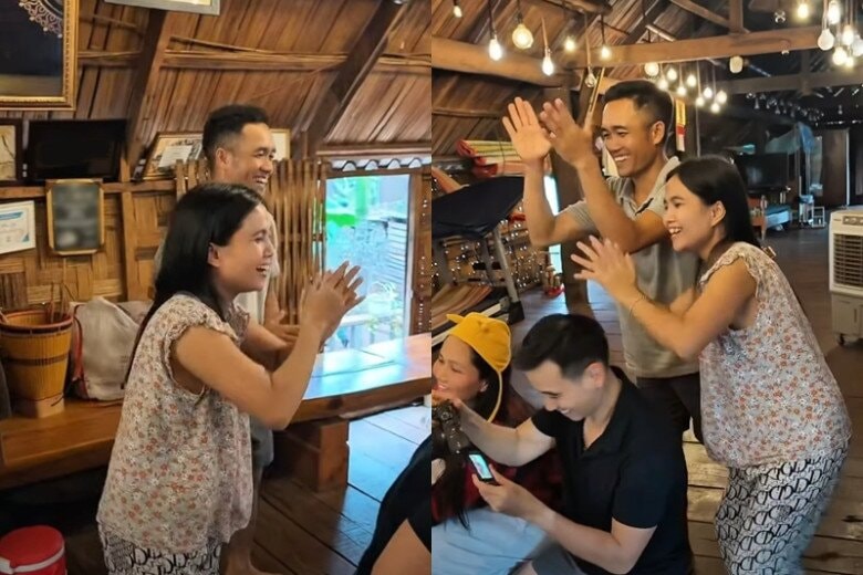 Anh chị người Ê Đê của H’Hen Niê đứng cổ vũ để các con cười khi chụp ảnh.