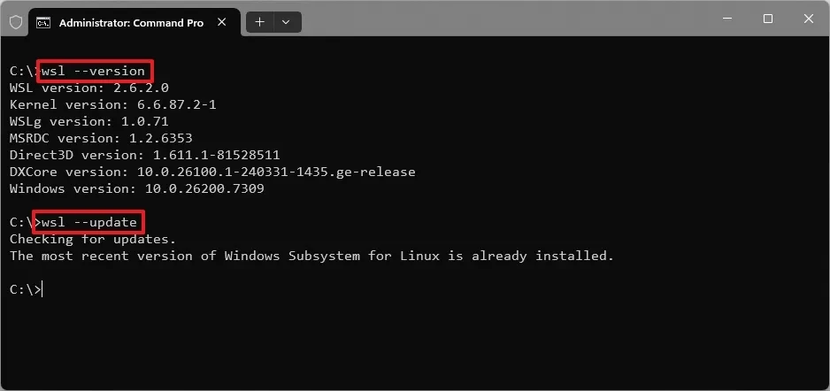 Giao diện Command Prompt hiển thị lệnh cập nhật nhân WSL trên Windows 11