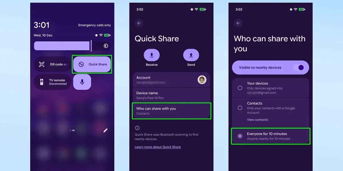 Thiết lập chế độ hiển thị Quick Share trên Pixel 10 thành Mọi người.