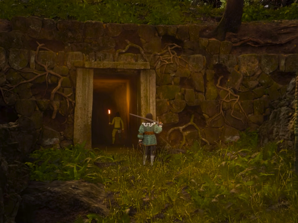 Hình ảnh từ trailer của Swordhaven: Iron Conspiracy, cho thấy nhân vật chính cầm kiếm trước một lối vào hầm mỏ.
