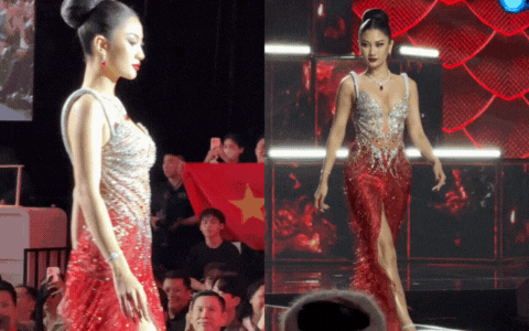Hoa hậu Phương Linh gặp sự cố trang phục trên sân khấu bán kết Miss Cosmo 2025.