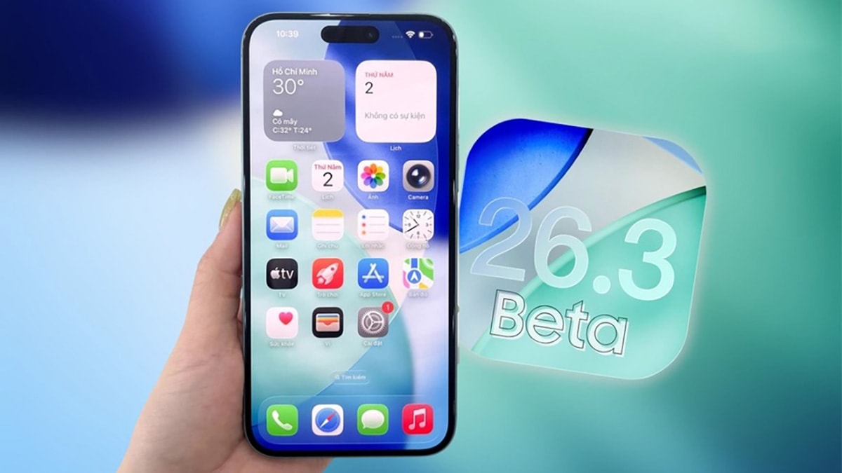 Giao diện cập nhật phần mềm iOS 26.3 public beta 1 trên iPhone.
