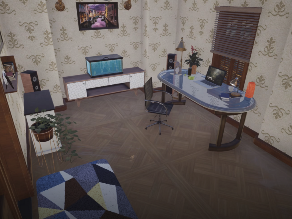 Ảnh chụp màn hình không gian văn phòng tại nhà trong game Toy Tinker Simulator, nơi người chơi có thể xây dựng bảo tàng đồ chơi nhỏ.