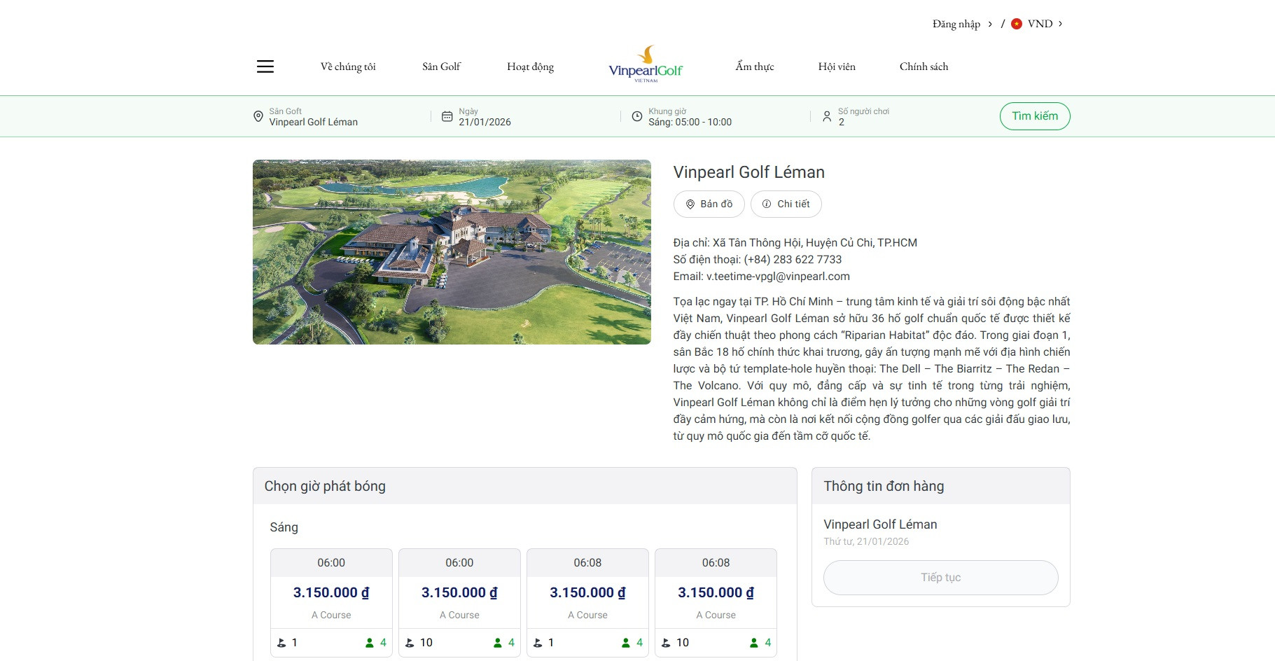 Giao diện đặt sân Vinpearl Golf Léman trực tuyến