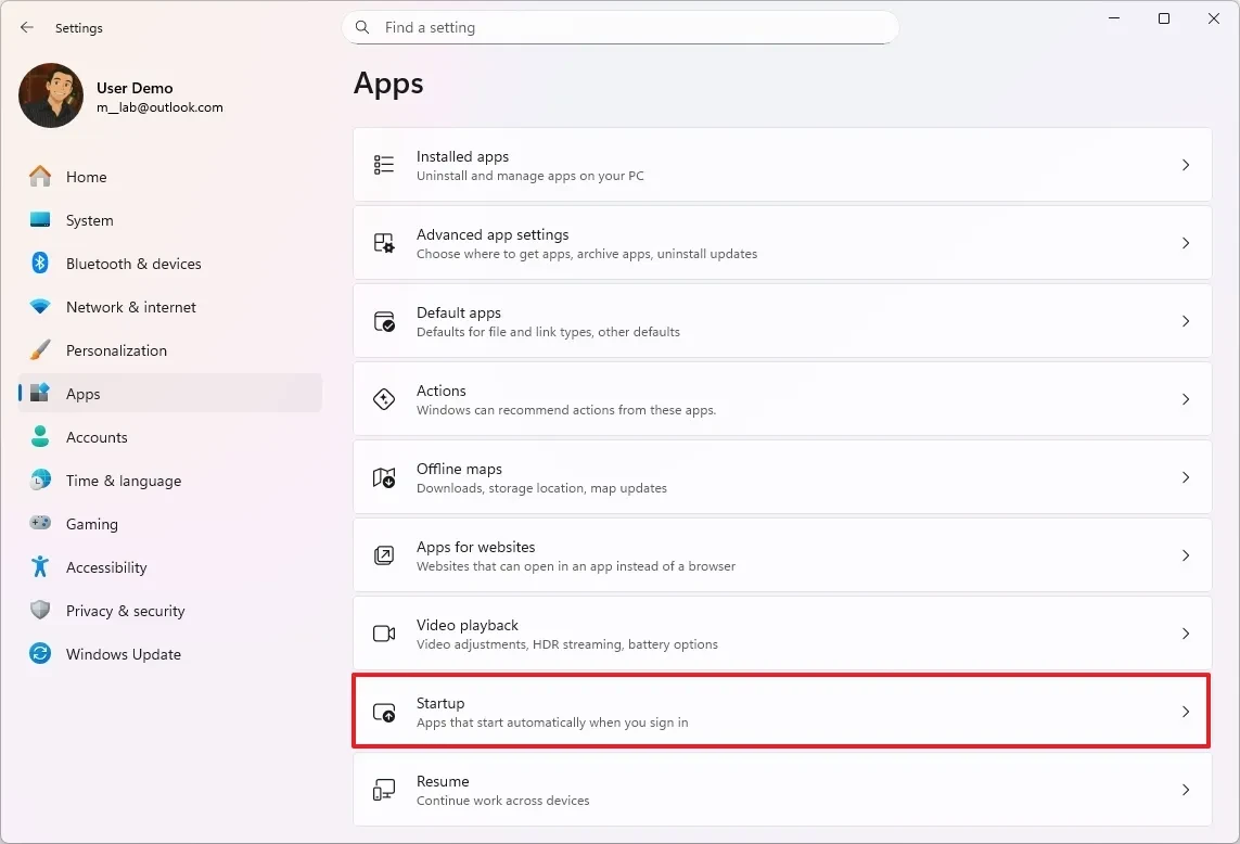 Giao diện quản lý ứng dụng khởi động trong Settings của Windows 11.