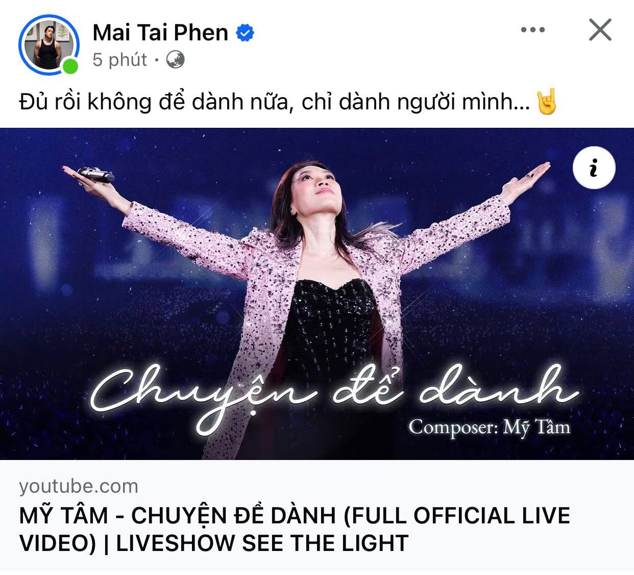 Mai Tài Phến đăng tải dòng trạng thái được cho là ẩn ý về Mỹ Tâm