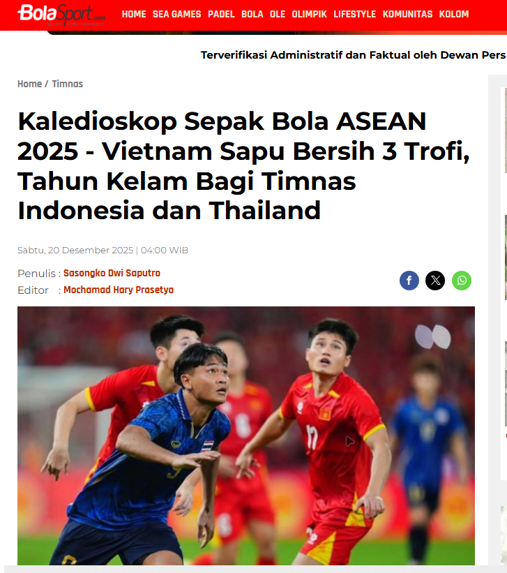 Ảnh chụp màn hình bài viết của tờ Bola Sport về thành công của bóng đá Việt Nam