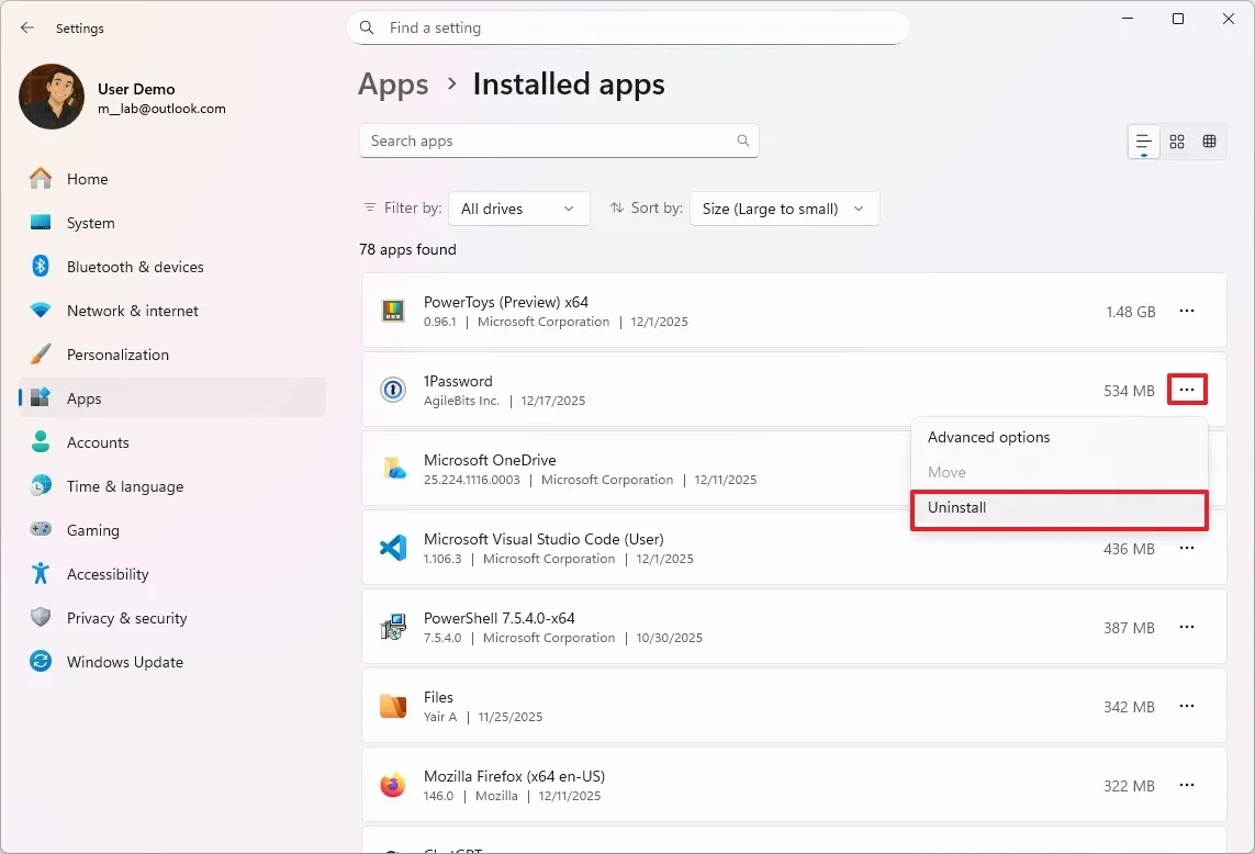 Nút Uninstall để gỡ bỏ một ứng dụng khỏi hệ thống.