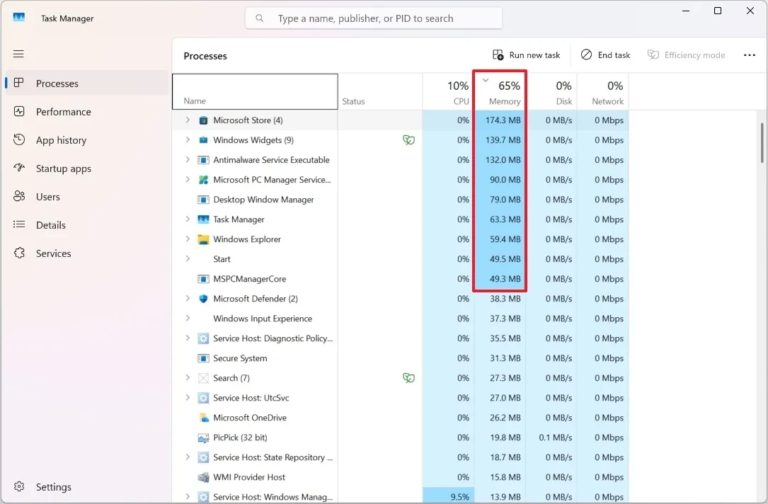 Task Manager hiển thị các tiến trình được sắp xếp theo mức sử dụng bộ nhớ.