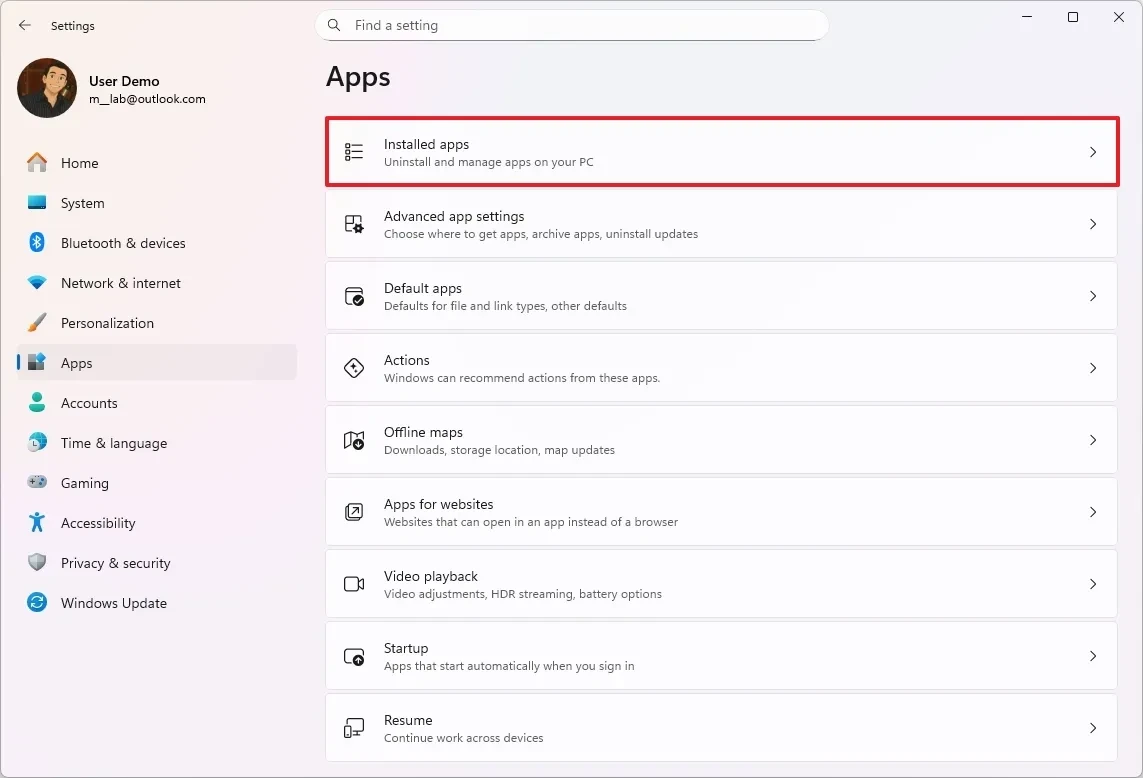 Danh sách các ứng dụng đã cài đặt trên Windows 11.