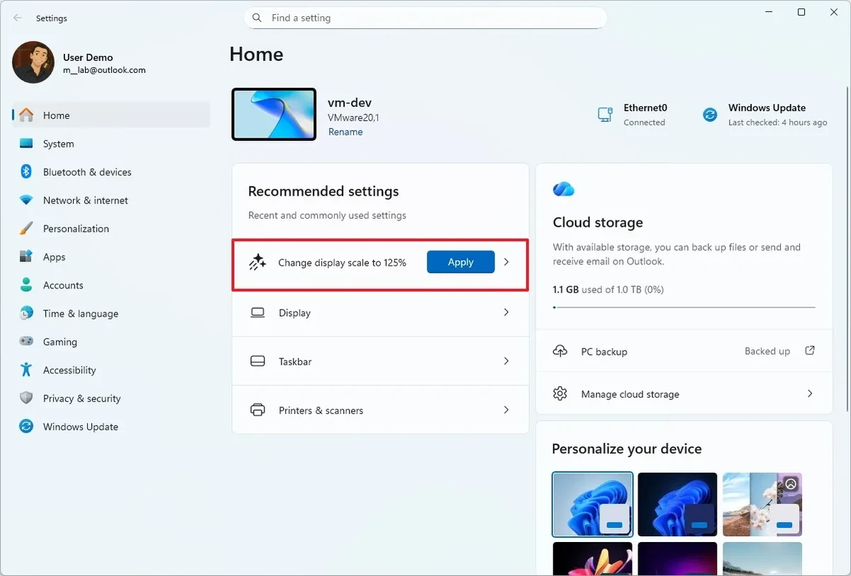 Giao diện ứng dụng Settings tích hợp AI trên Windows 11.