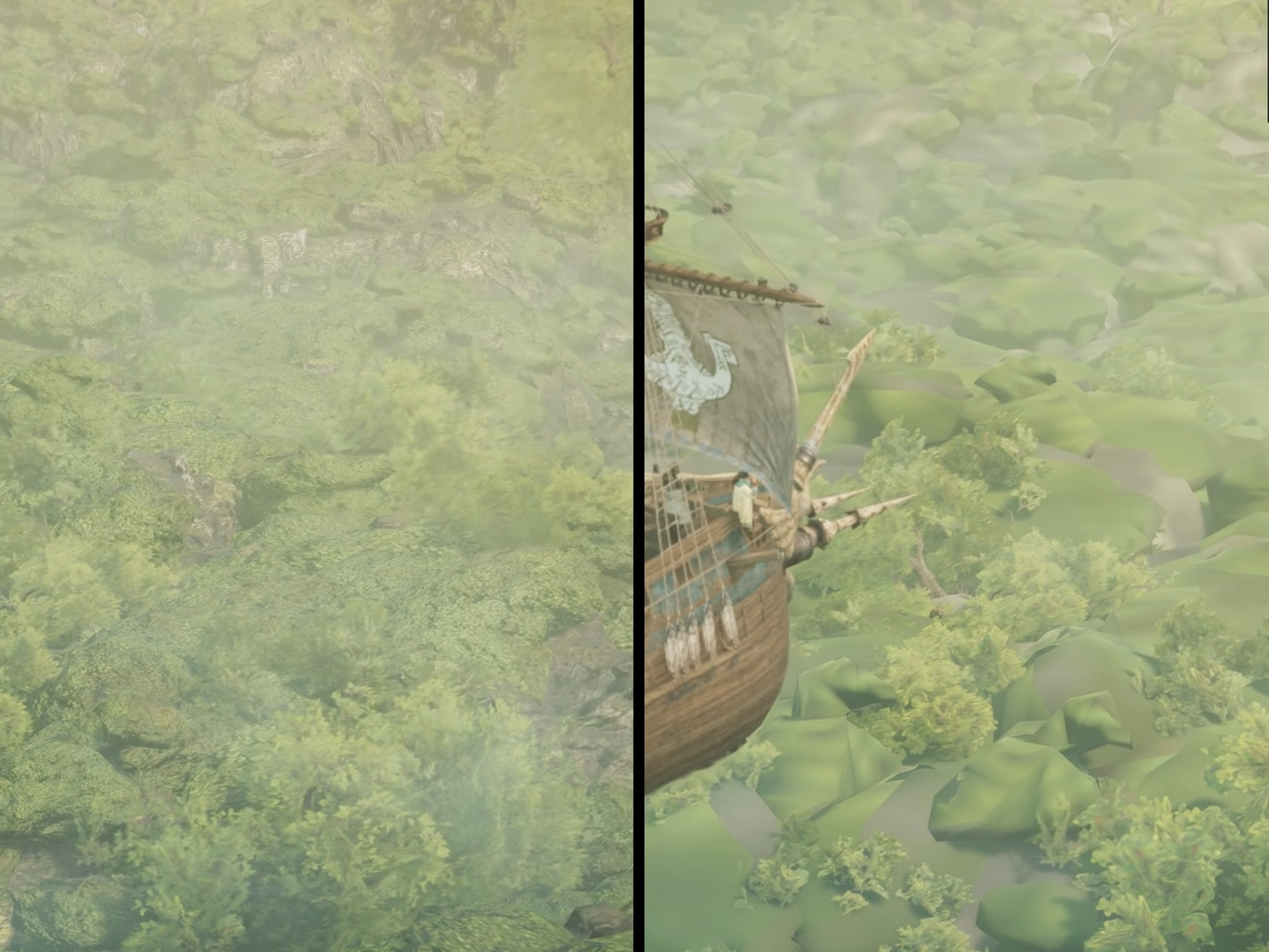 Cảnh trong Monster Hunter Wilds cho thấy lỗi vân bề mặt đất không tải được ở cài đặt đồ họa Cao.