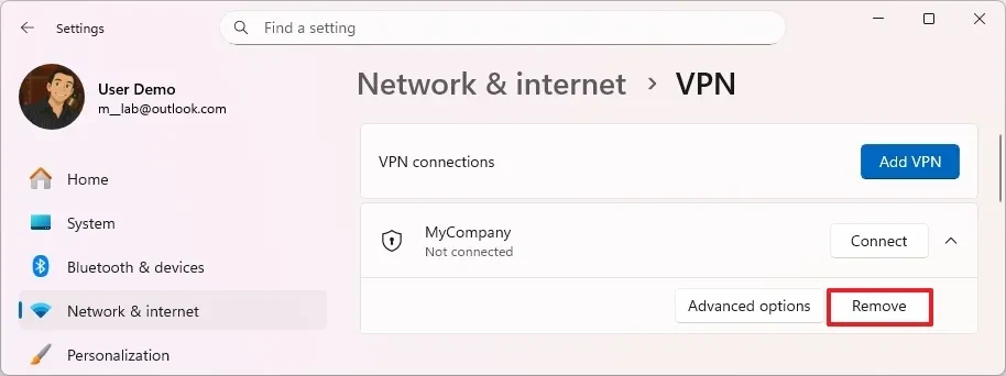 Nút Remove để xóa hồ sơ VPN