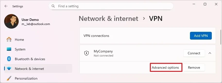 Tùy chọn nâng cao Advanced options cho kết nối VPN
