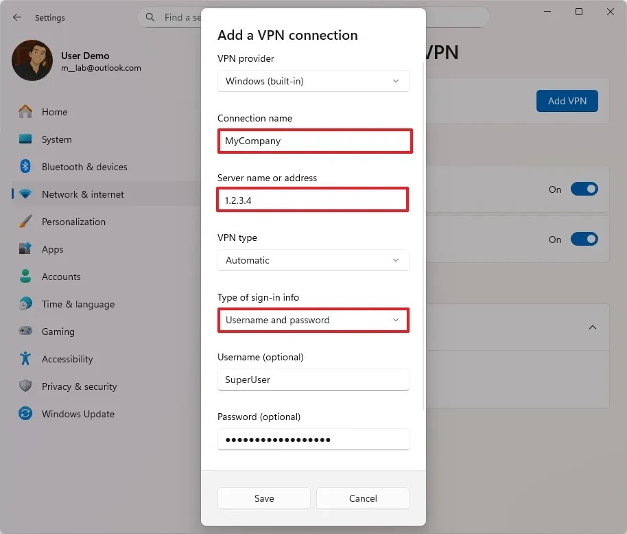 Điền thông tin máy chủ và loại VPN trên Windows 11