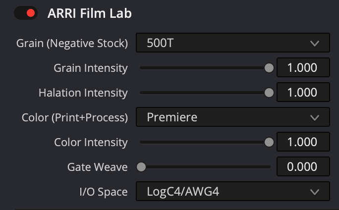 Giao diện các tab cài đặt của ARRI Film Lab trong phần mềm DaVinci Resolve.