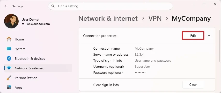 Nút Edit để chỉnh sửa thuộc tính kết nối VPN
