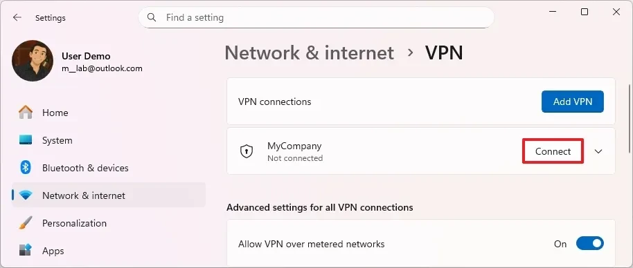 Nút Connect để bắt đầu kết nối VPN
