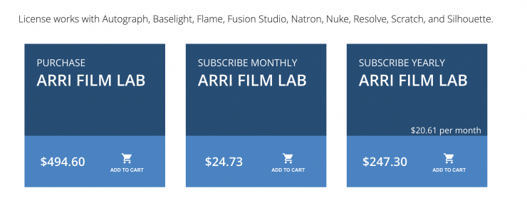 Bảng giá các tùy chọn bản quyền cho ARRI Film Lab.