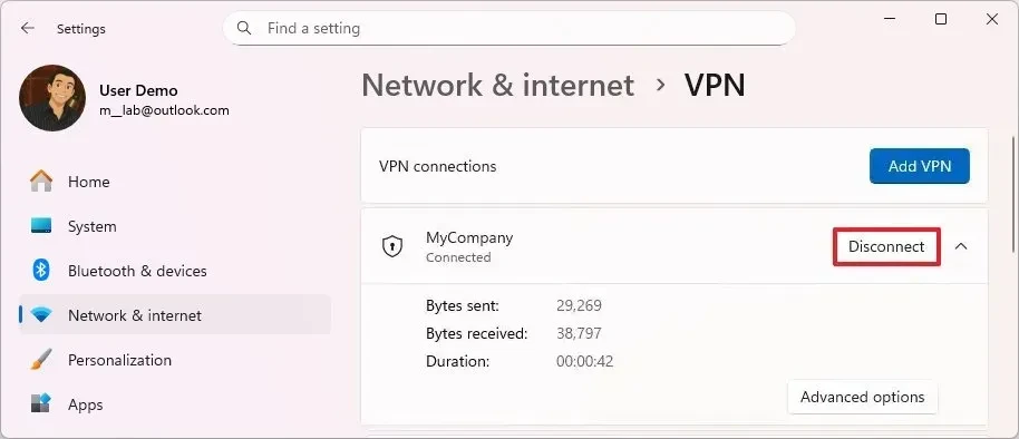 Nút Disconnect để ngắt kết nối VPN
