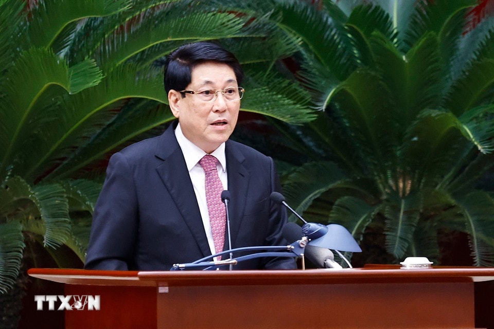 Đồng chí Lương Cường, Ủy viên Bộ Chính trị, Chủ tịch nước phát biểu. (Ảnh: Doãn Tấn/TTXVN)