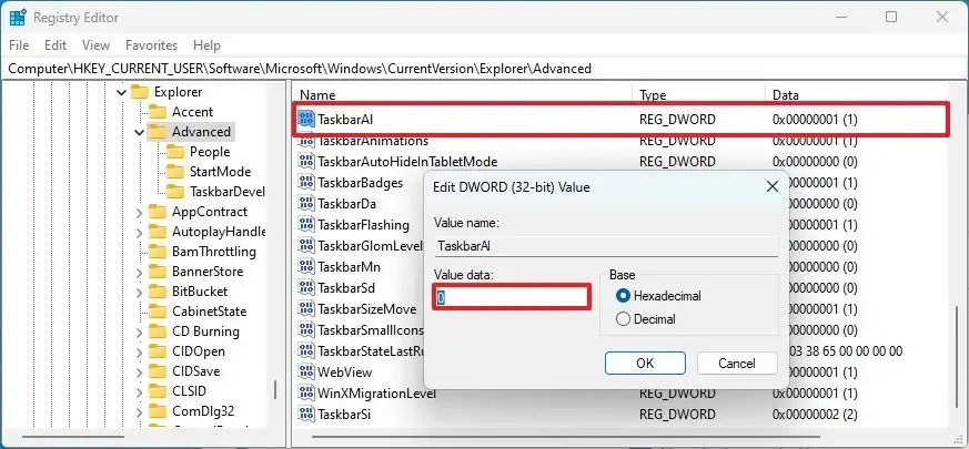 Thiết lập giá trị cho khóa TaskbarAl trong Registry Editor thành 0