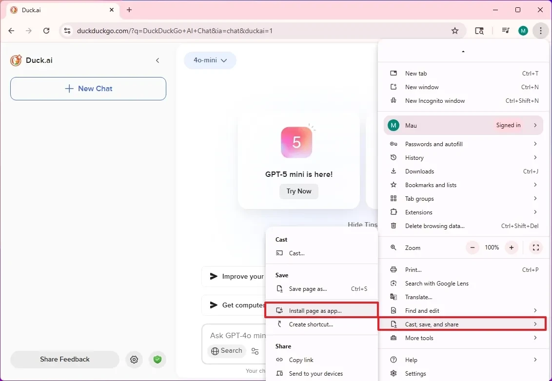Tùy chọn cài đặt trang web thành ứng dụng trong trình duyệt Google Chrome.