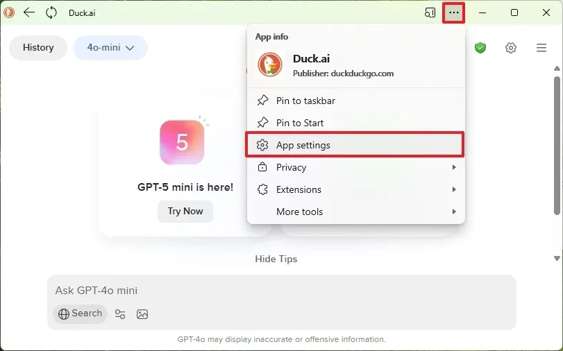Truy cập mục cài đặt ứng dụng của Duck.ai trên Microsoft Edge.