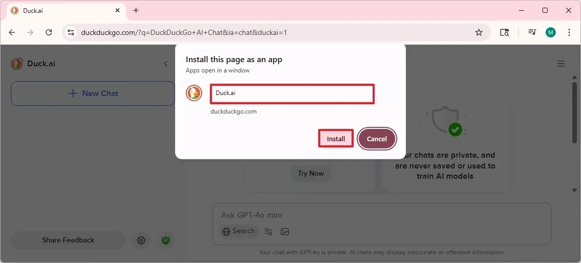 Nút xác nhận cài đặt ứng dụng web Duck.ai trên Google Chrome.