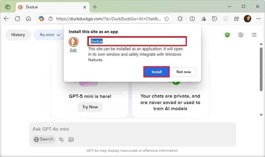 Nút xác nhận cài đặt ứng dụng web Duck.ai trên Microsoft Edge.