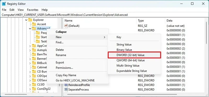 Tạo một giá trị DWORD 32-bit mới trong Registry Editor trên Windows 11