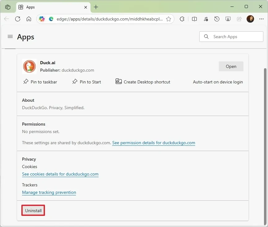 Nút gỡ cài đặt ứng dụng web Duck.ai.
