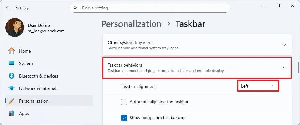 Tùy chọn Hành vi thanh tác vụ trong cài đặt cá nhân hóa của Windows 11
