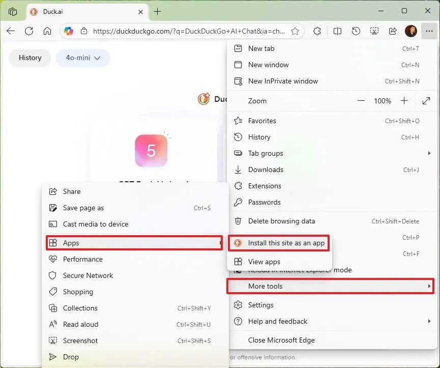 Tùy chọn cài đặt trang web Duck.ai thành ứng dụng trong Microsoft Edge.