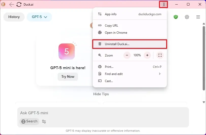 Menu tùy chọn để gỡ cài đặt ứng dụng Duck.ai khỏi Google Chrome.