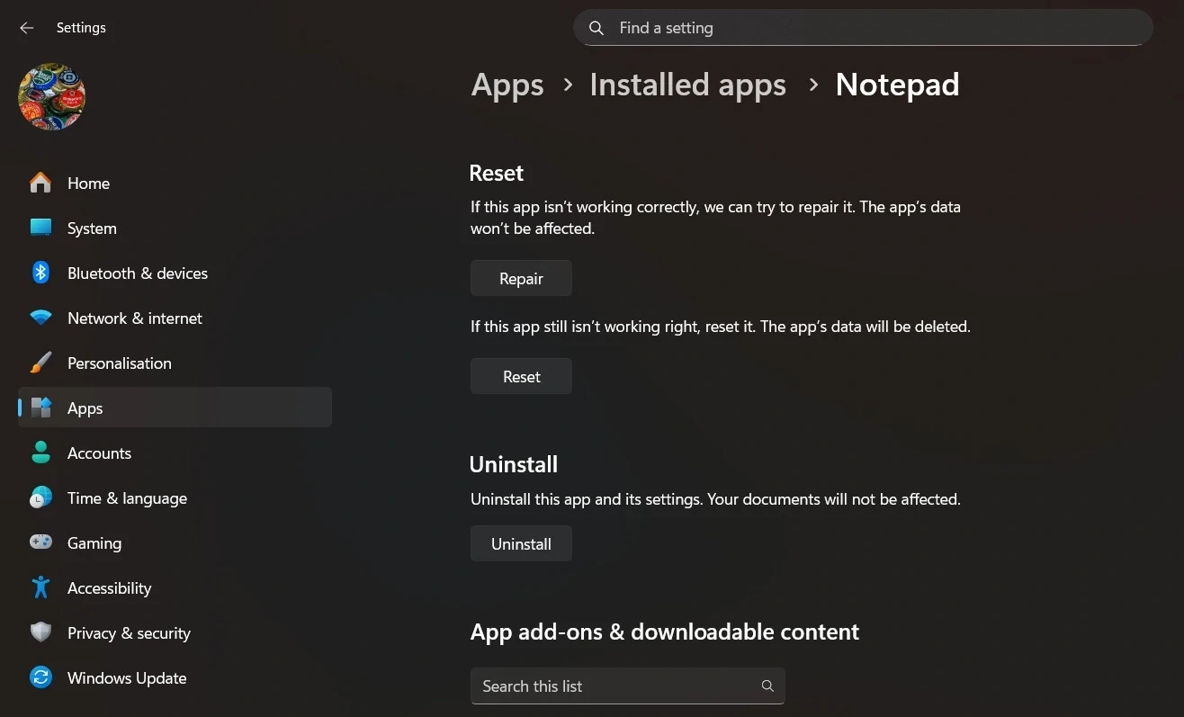 Trang cài đặt ứng dụng Notepad trong Windows Settings