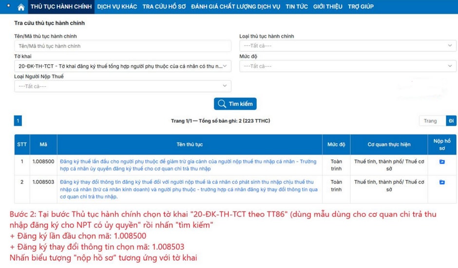 Chọn mã thủ tục hành chính phù hợp