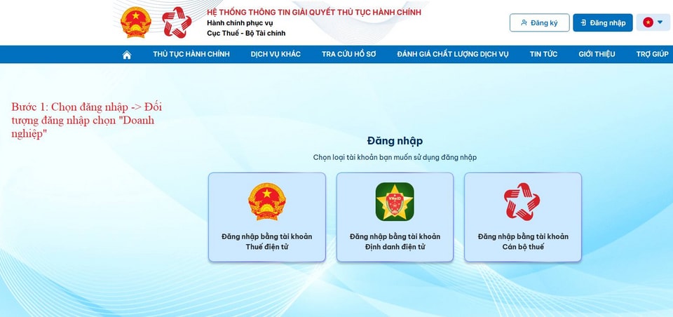 Giao diện đăng nhập cổng dịch vụ công thuế