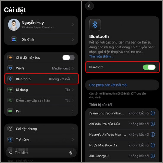 Quản lý Bluetooth trong phần Cài đặt